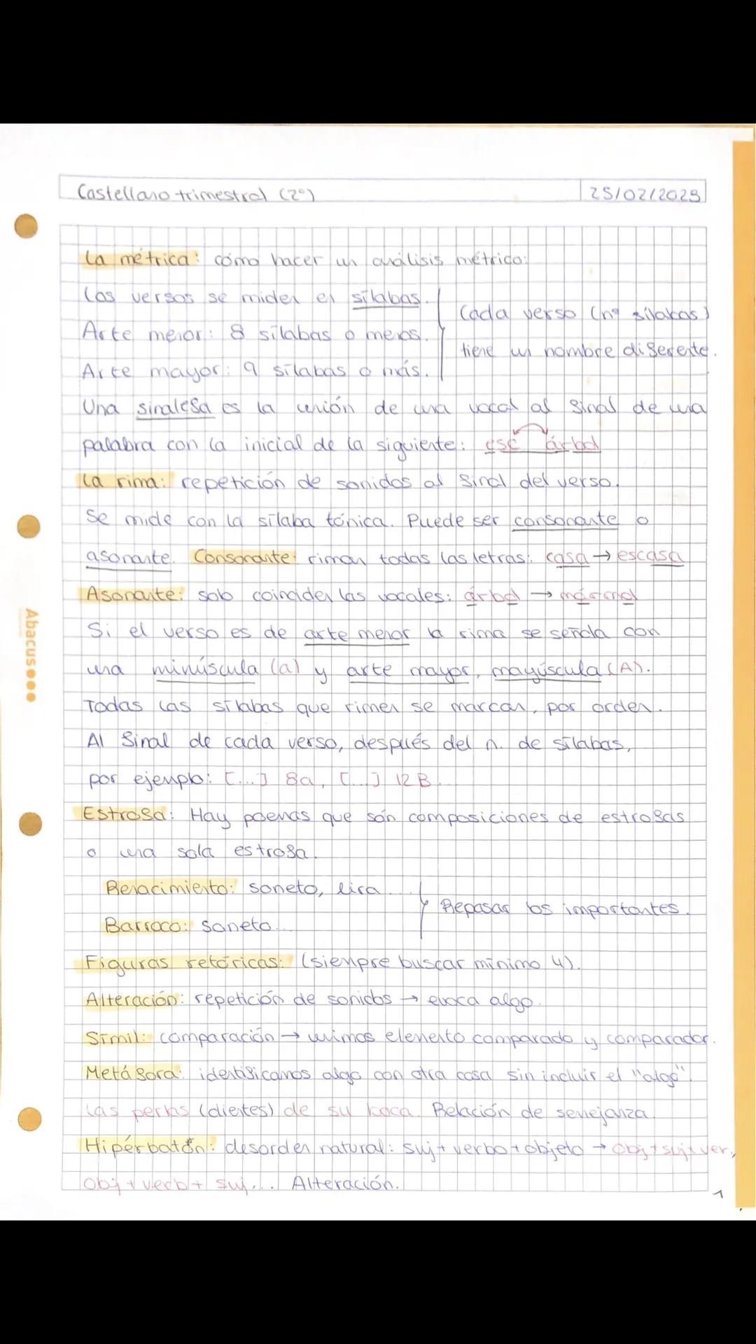 Abacus.●●
Castellano trimestral (20)
la métrica: cómo hacer un análisis métrica:
(as versos se mider en sílabas.
Arte mejor: 8 silabas o mei