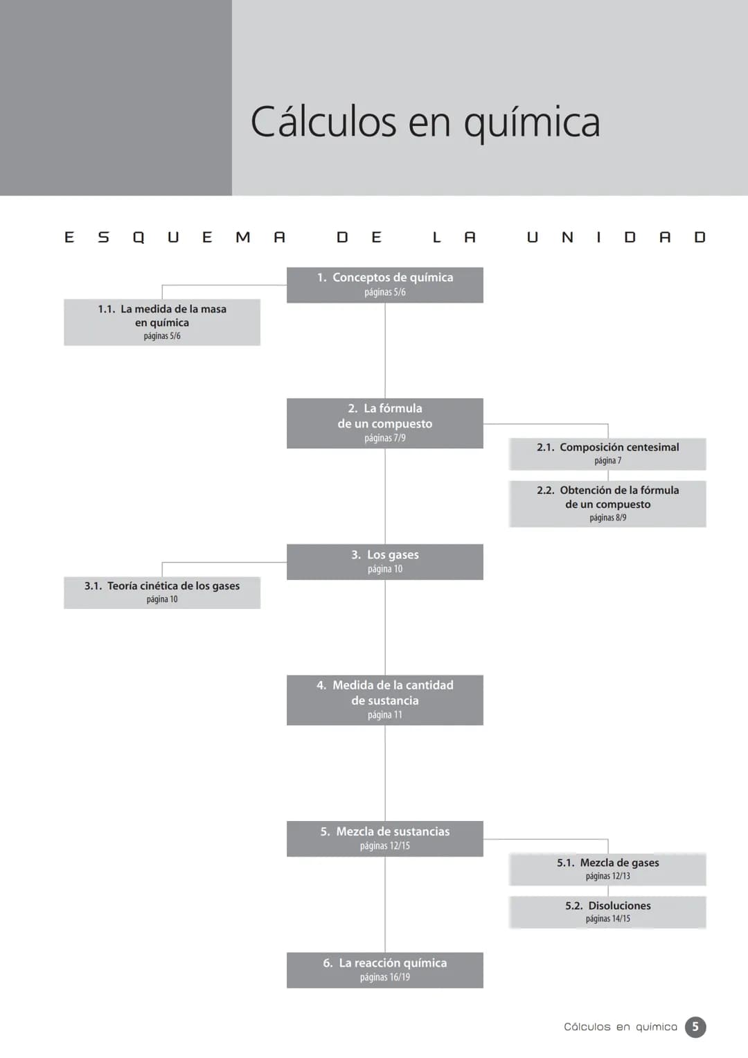 ESQUEMA DE LA UNIDAD
1. Conceptos de química
páginas 5/6
1.1. La medida de la masa
en química
páginas 5/6
Cálculos en química
3.1. Teoría ci