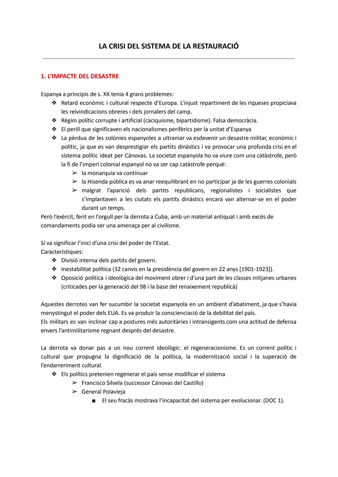 # LA CRISI DEL SISTEMA DE LA RESTAURACIÓ

1. L'IMPACTE DEL DESASTRE

Espanya a principis de s. XX tenia 4 grans problemes:

*   Retard econò
