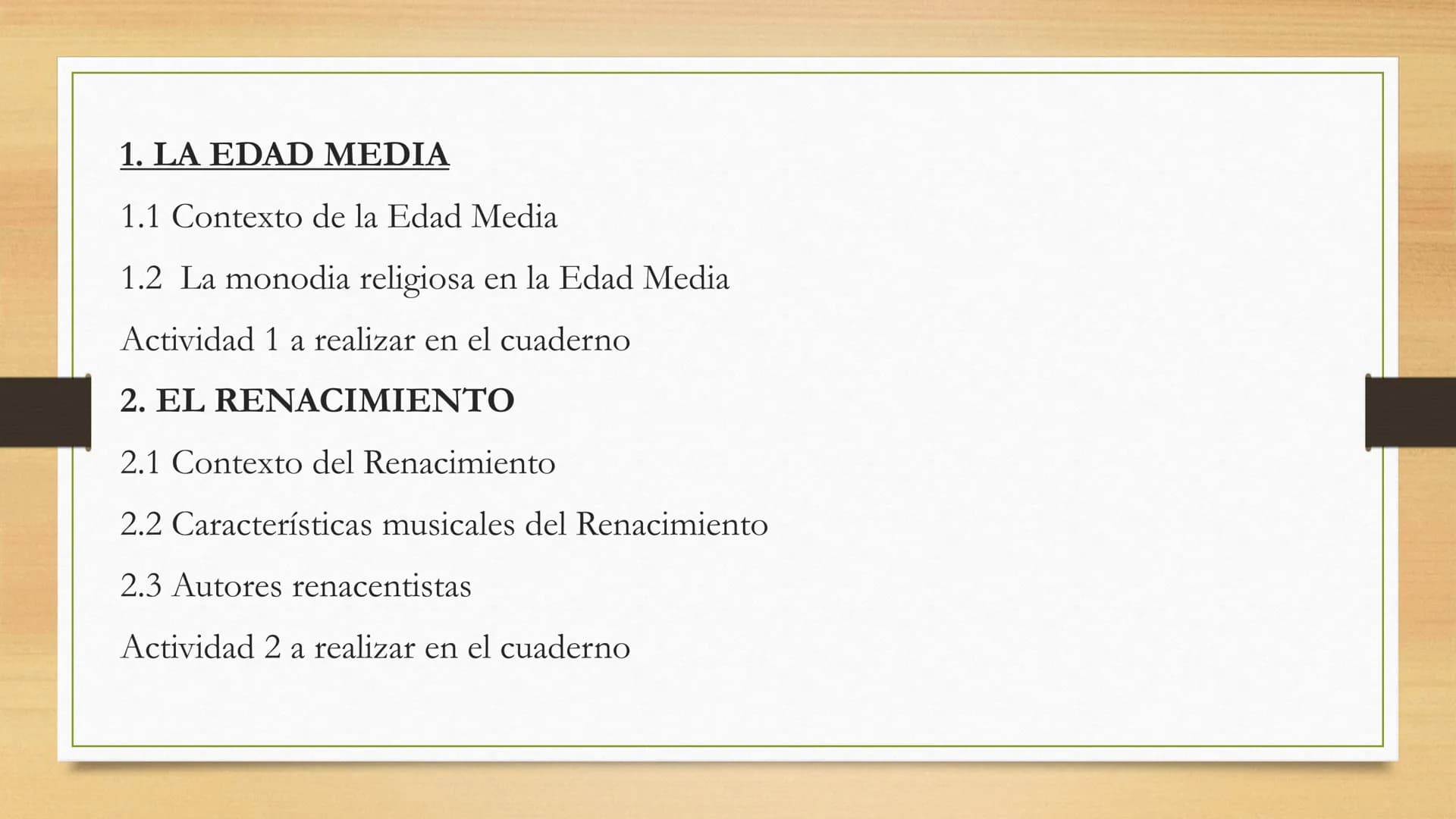 HISTORIA DE LA
MÚSICA
3ª evaluación, curso 2022/2023
Profesor Carlos Castellanos 1. LA EDAD MEDIA
1.1 Contexto de la Edad Media
1.2 La monod