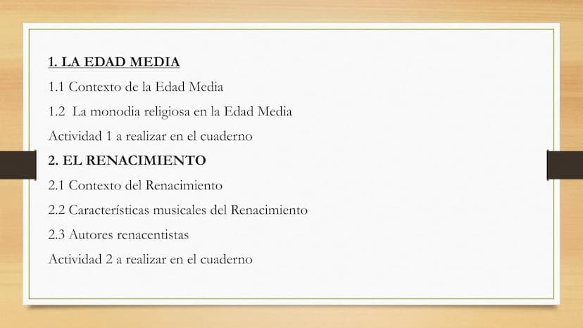 HISTORIA DE LA
MÚSICA
3ª evaluación, curso 2022/2023
Profesor Carlos Castellanos 1. LA EDAD MEDIA
1.1 Contexto de la Edad Media
1.2 La monod