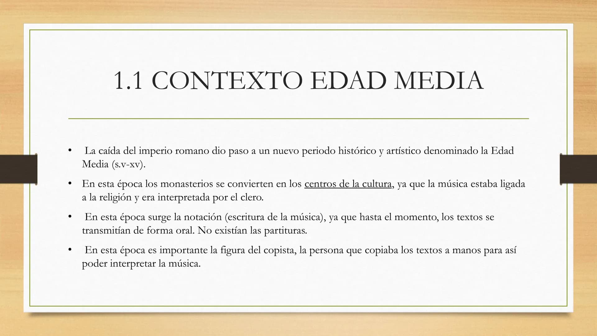 HISTORIA DE LA
MÚSICA
3ª evaluación, curso 2022/2023
Profesor Carlos Castellanos 1. LA EDAD MEDIA
1.1 Contexto de la Edad Media
1.2 La monod