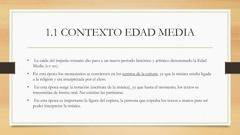 HISTORIA DE LA
MÚSICA
3ª evaluación, curso 2022/2023
Profesor Carlos Castellanos 1. LA EDAD MEDIA
1.1 Contexto de la Edad Media
1.2 La monod