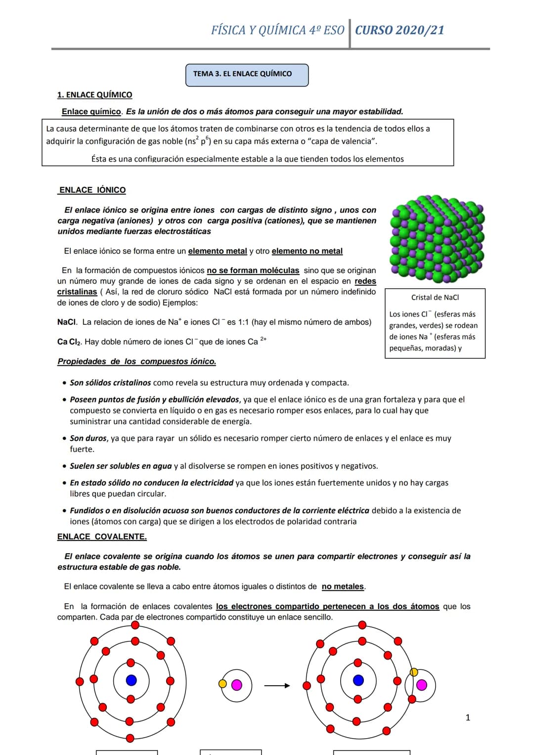 FÍSICA Y QUÍMICA 4º ESO CURSO 2020/21
TEMA 3. EL ENLACE QUÍMICO
1. ENLACE QUÍMICO
Enlace químico. Es la unión de dos o más átomos para conse