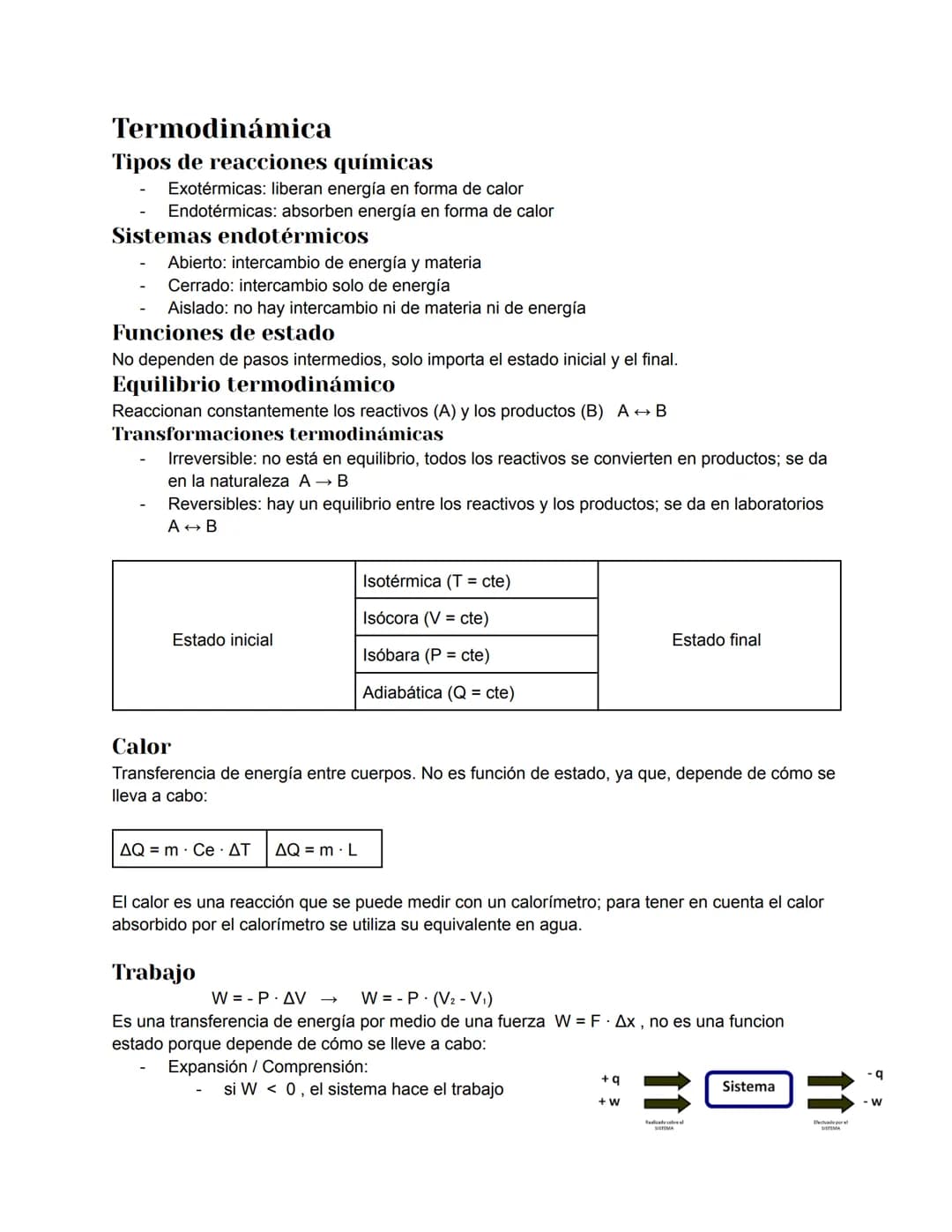 Termodinámica
Tipos de reacciones químicas
Exotérmicas: liberan energía en forma de calor
Endotérmicas: absorben energía en forma de calor
S