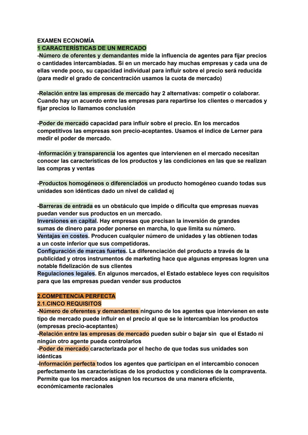EXAMEN ECONOMÍA
1 CARACTERÍSTICAS DE UN MERCADO
-Número de oferentes y demandantes mide la influencia de agentes para fijar precios
o cantid