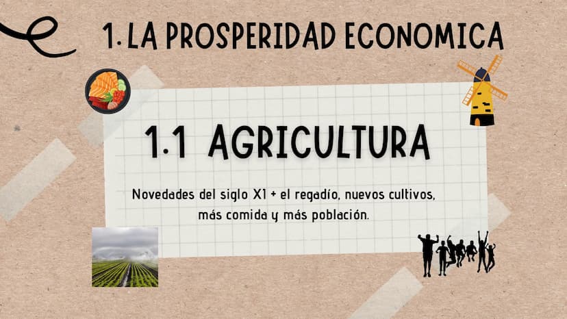 B
EL RENACER
URBANO
(S.XIII-XV)
U
☆ e 1.LA PROSPERIDAD ECONOMICA
1.1 AGRICULTURA
Novedades del siglo X1 + el regadío, nuevos cultivos,
más c