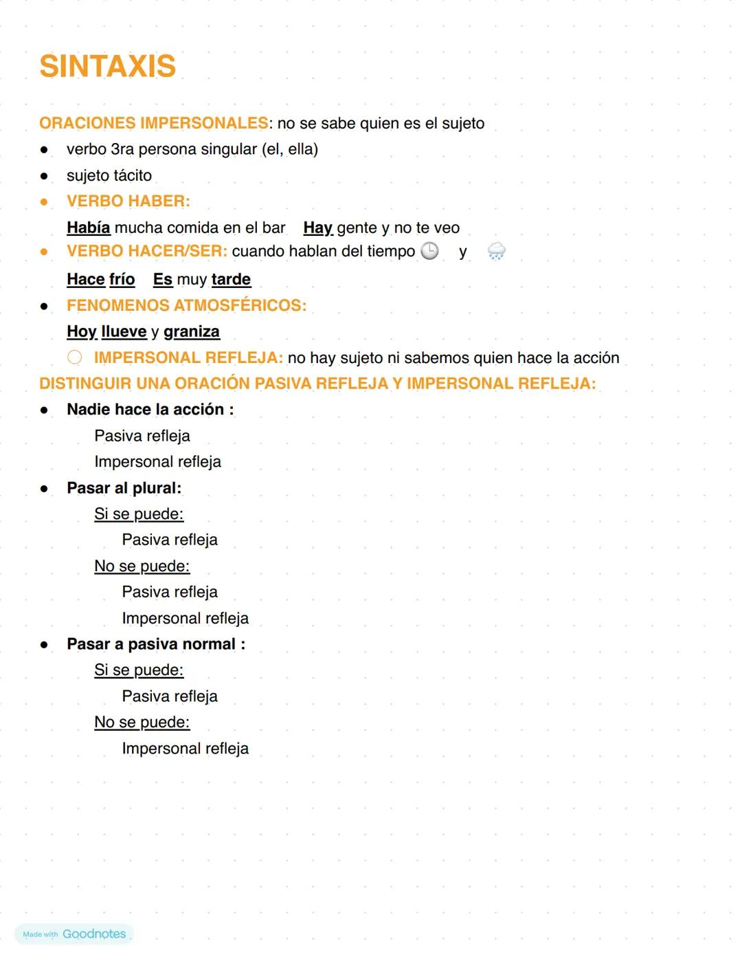 SINTAXIS
ORACIONES IMPERSONALES: no se sabe quien es el sujeto
•
.
verbo 3ra persona singular (el, ella)
sujeto tácito
VERBO HABER:
Había mu