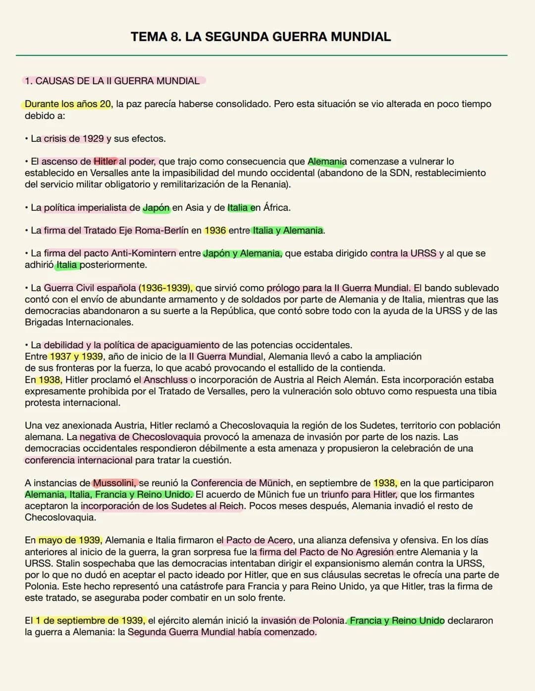 TEMA 8. LA SEGUNDA GUERRA MUNDIAL
1. CAUSAS DE LA II GUERRA MUNDIAL
Durante los años 20, la paz parecía haberse consolidado. Pero esta situa