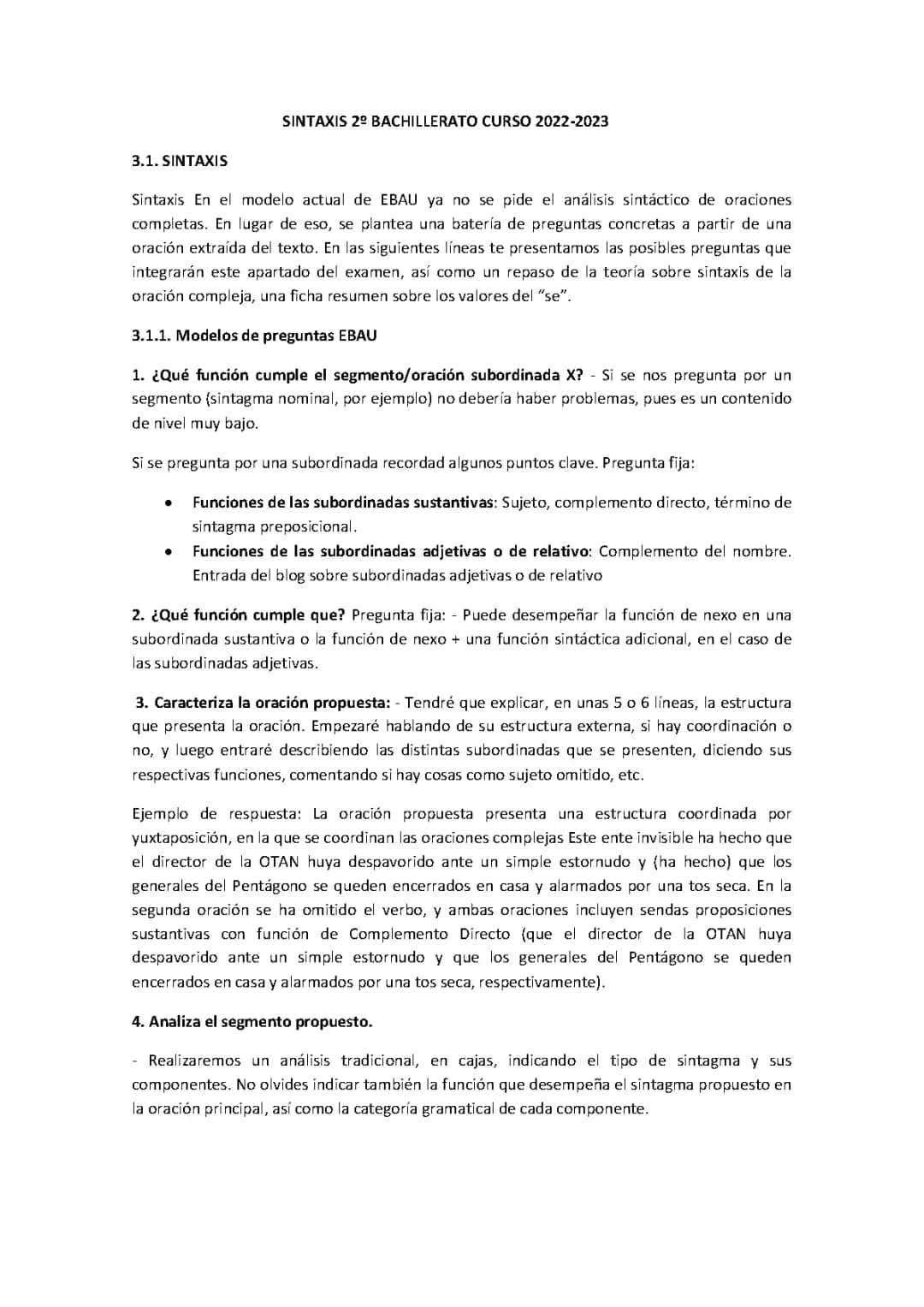 Modelo Examen EvAU 2024 y Ejercicios de Sintaxis para Bachillerato