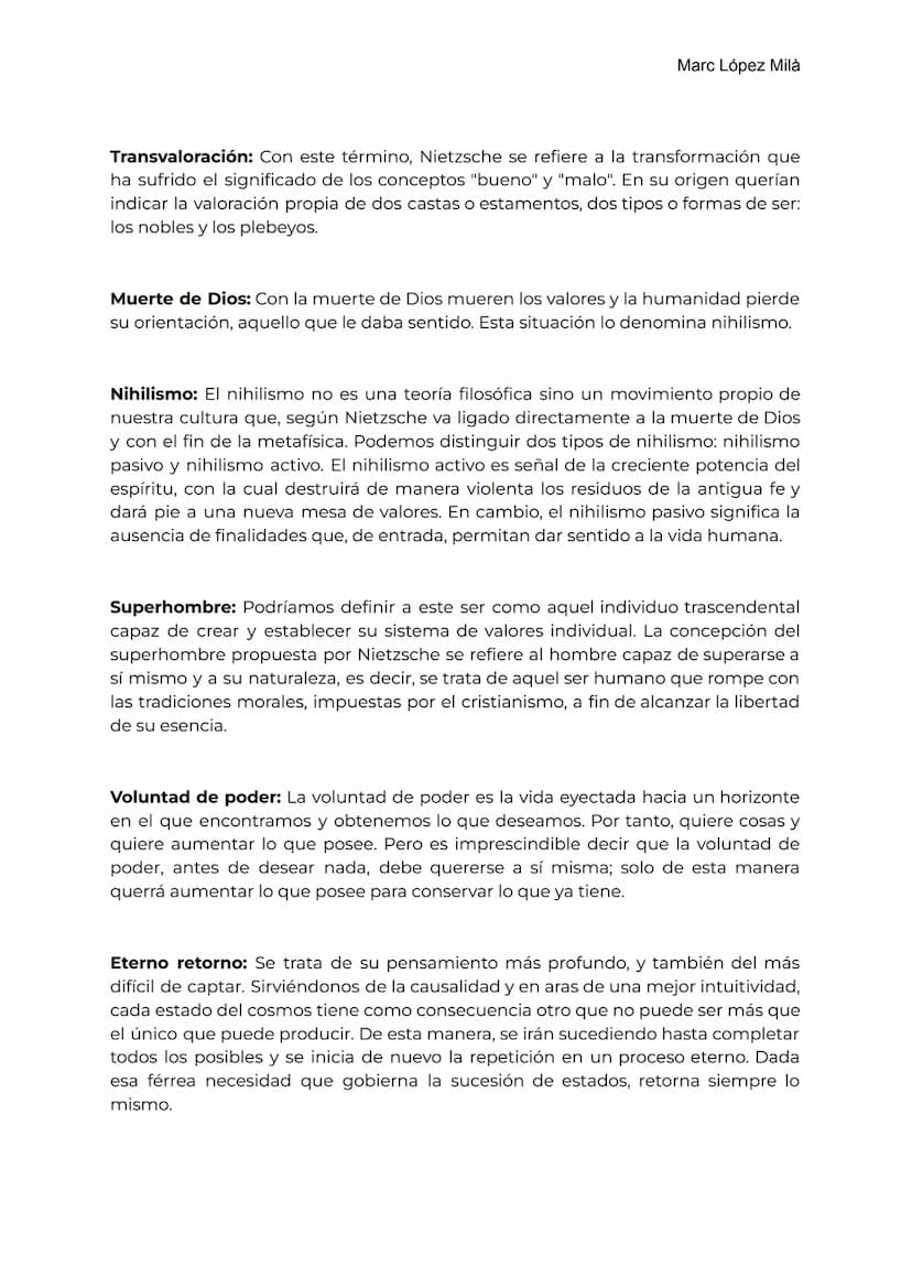 Tercera Semana. Sesión 2.
Marc López Milà
1- Explicar el sentido de estos tres pensamientos fundamentales en la filosofía de
Nietzsche.
a- D