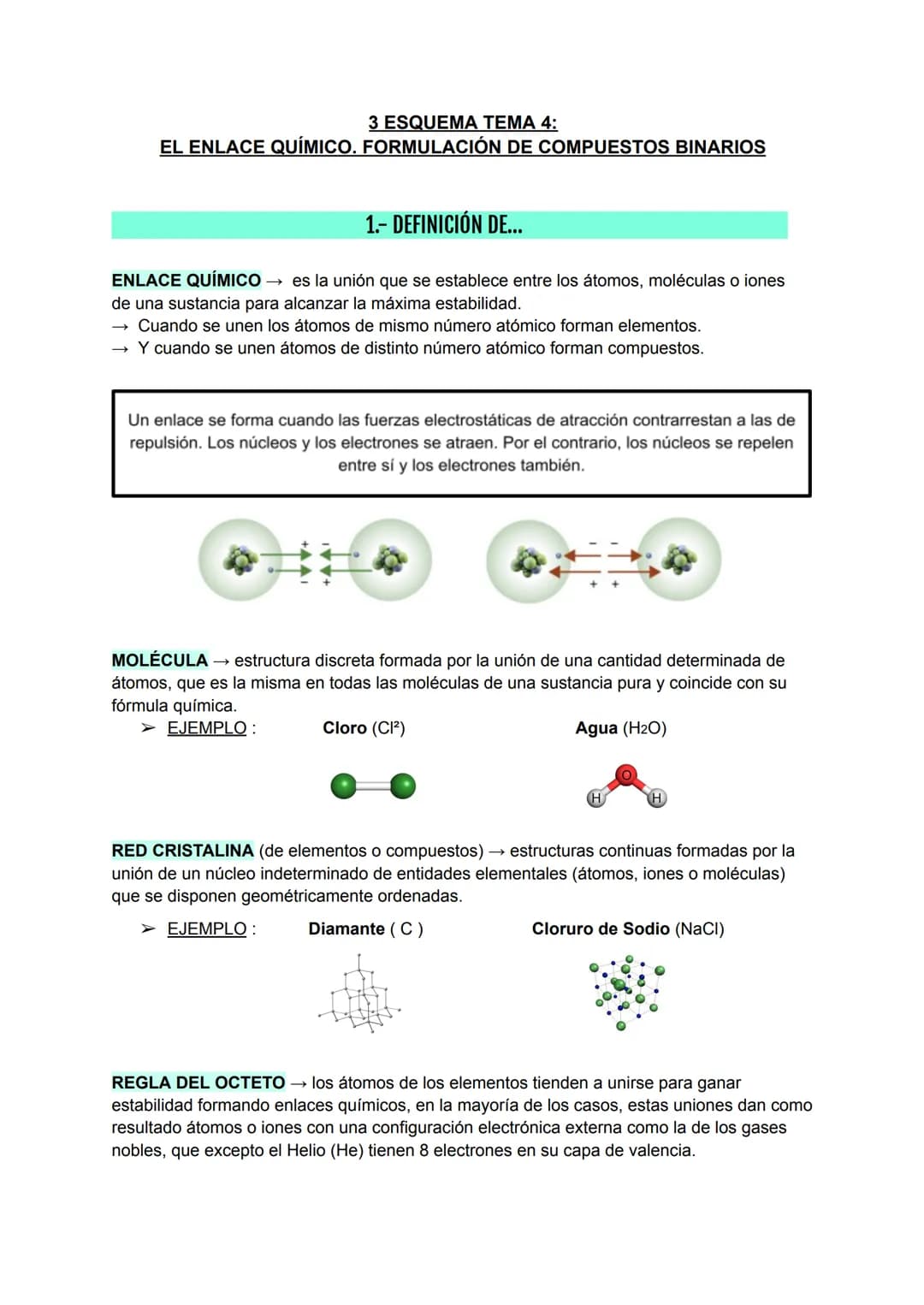 3 ESQUEMA TEMA 4:
EL ENLACE QUÍMICO. FORMULACIÓN DE COMPUESTOS BINARIOS
1.- DEFINICIÓN DE...
ENLACE QUÍMICO → es la unión que se establece e