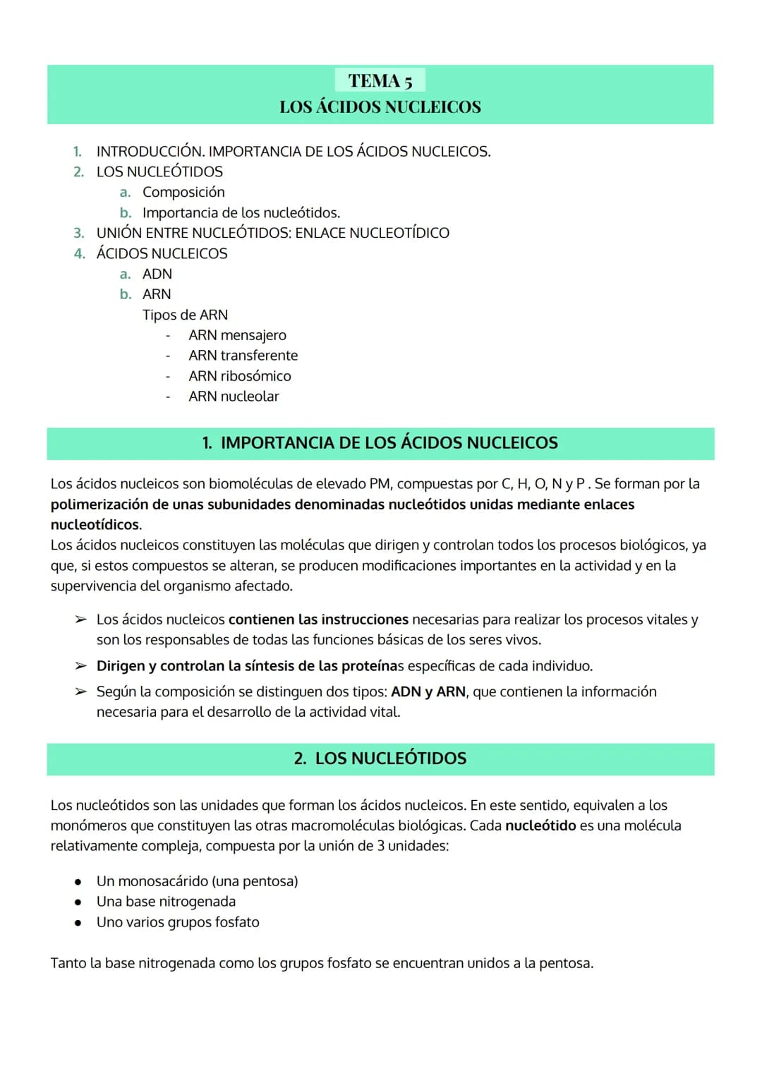 1. INTRODUCCIÓN. IMPORTANCIA DE LOS ÁCIDOS NUCLEICOS.
2. LOS NUCLEOTIDOS
TEMA 5
LOS ÁCIDOS NUCLEICOS
a. Composición
b. Importancia de los nu
