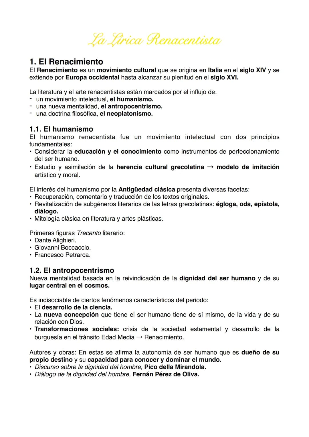 La Lirica Renacentista
1. El Renacimiento
El Renacimiento es un movimiento cultural que se origina en Italia en el siglo XIV y se
extiende p