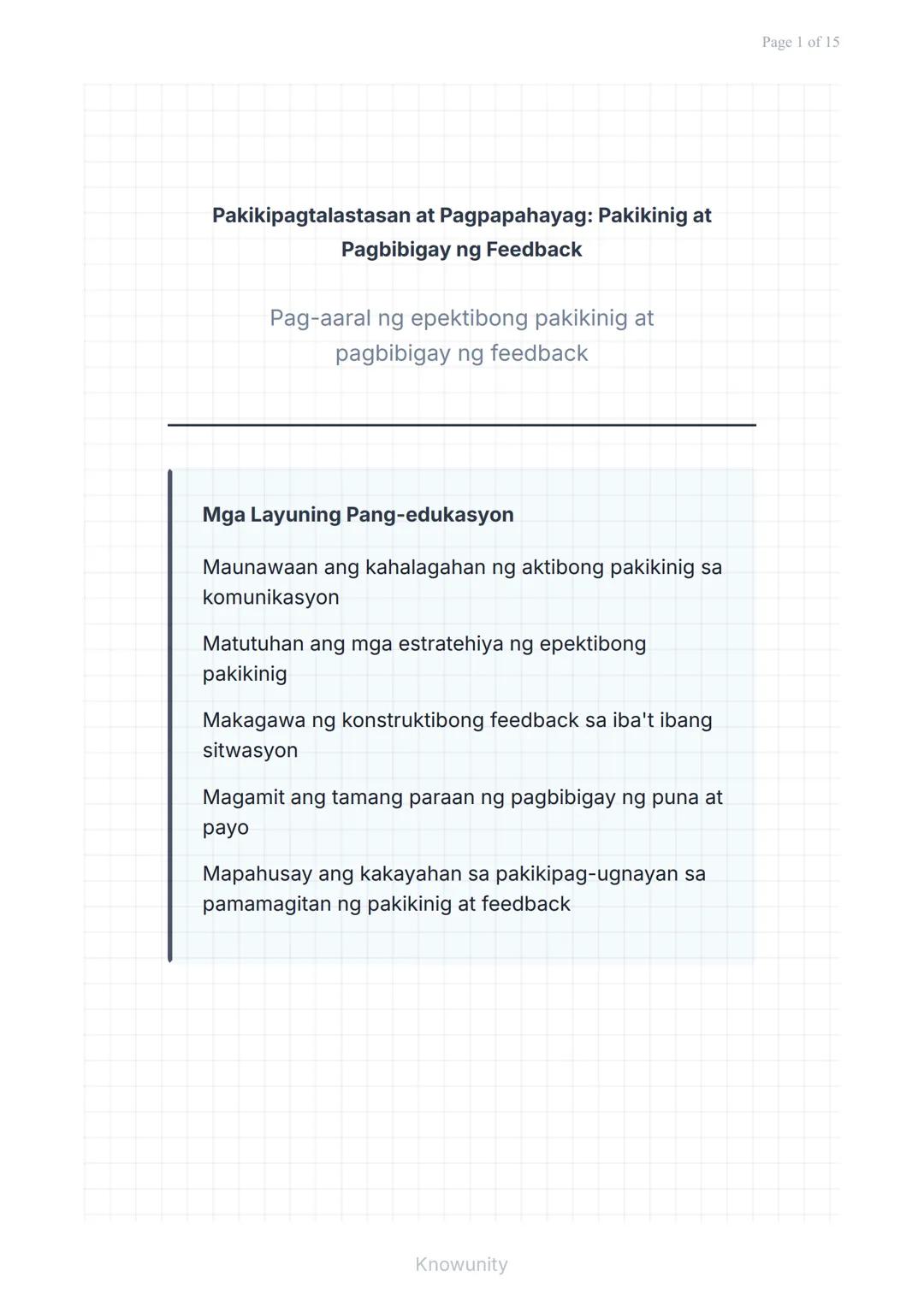 Pakikipagtalastasan at Pagpapahayag: Pakikinig at
Pagbibigay ng Feedback
Pag-aaral ng epektibong pakikinig at
pagbibigay ng feedback
Mga Lay