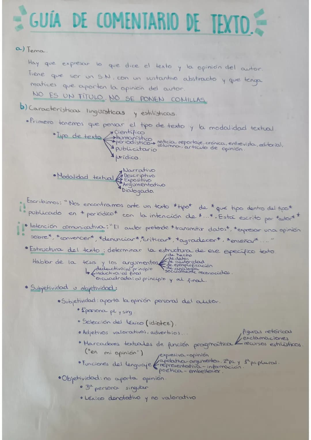 GUÍA DE COMENTARIO DE TEXTO.
a) Tema.
TA
Hay que expresar lo
que dice el texto
Tiene
matices
que
ser un S.N, con un sustantivo abstracto
que
