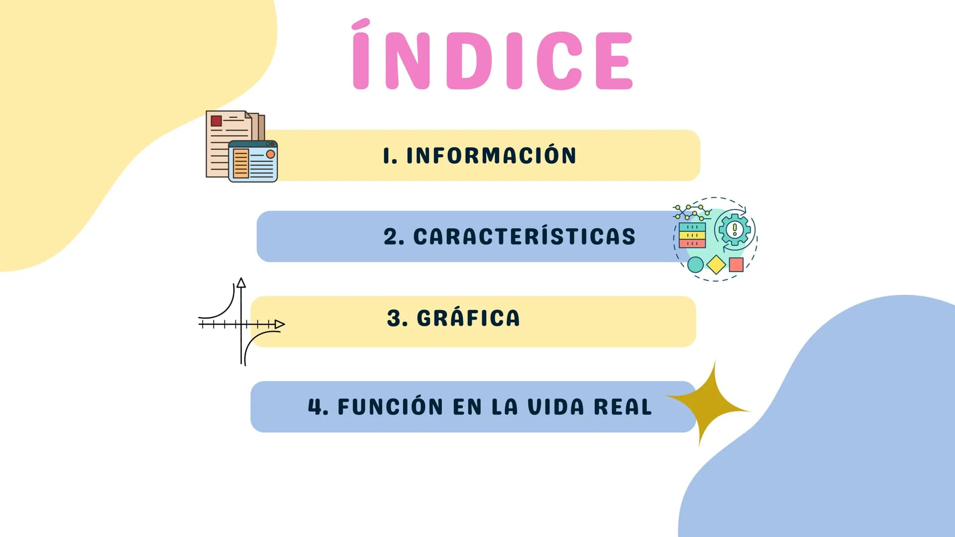 FUNCIÓN DE
PROPORCIONALIDAD
INVERSA Je
ÍNDICE
I. INFORMACIÓN
2. CARACTERÍSTICAS
3. GRÁFICA
4. FUNCIÓN EN LA VIDA REAL
1
1
111 I. INFORMACIÓN
