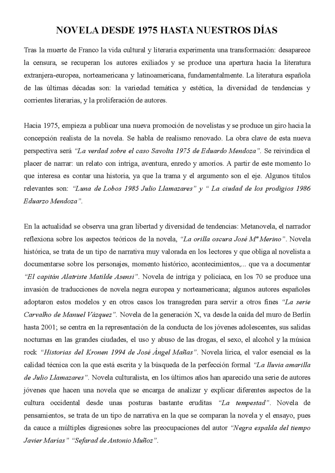 Literatura y Novela desde 1975 hasta la Actualidad: Resumen y Tendencias