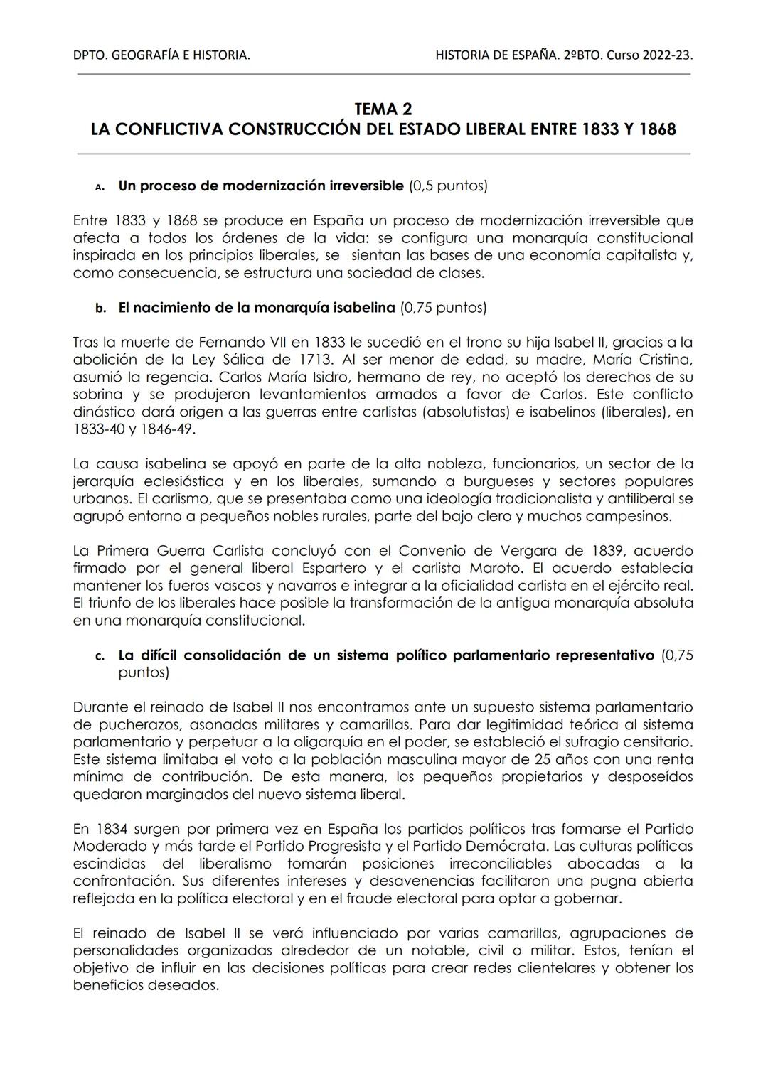 DPTO. GEOGRAFÍA E HISTORIA.
HISTORIA DE ESPAÑA. 2ºBTO. Curso 2022-23.
TEMA 2
LA CONFLICTIVA CONSTRUCCIÓN DEL ESTADO LIBERAL ENTRE 1833 Y 186