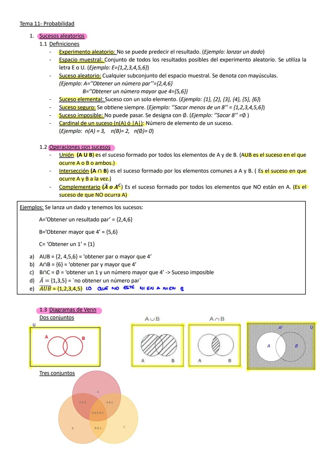 
<h2 id="sucesosaleatorios">Sucesos aleatorios</h2>
<h3 id="definiciones">Definiciones</h3>
<p>Un experimento aleatorio es aquel cuyo result