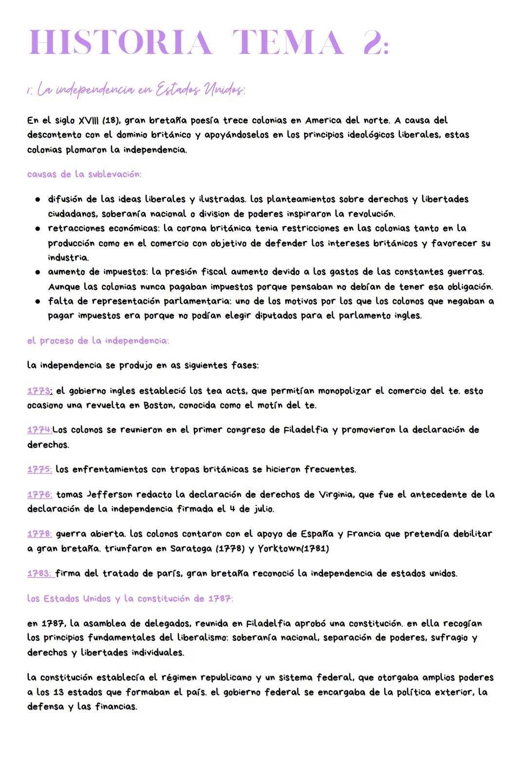 HISTORIA TEMA 2:
1: La independencia en Estados Unidos:
En el siglo XVIII (18), gran bretaña poesía trece colonias en America del norte. A c