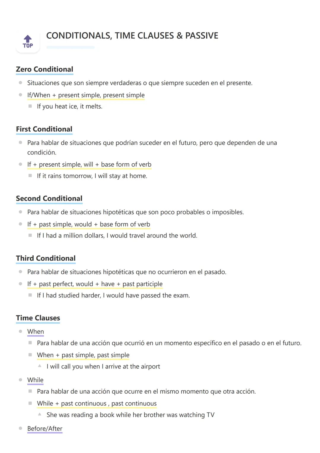 TOP
CONDITIONALS, TIME CLAUSES & PASSIVE
Zero Conditional
• Situaciones que son siempre verdaderas o que siempre suceden en el presente.
• I