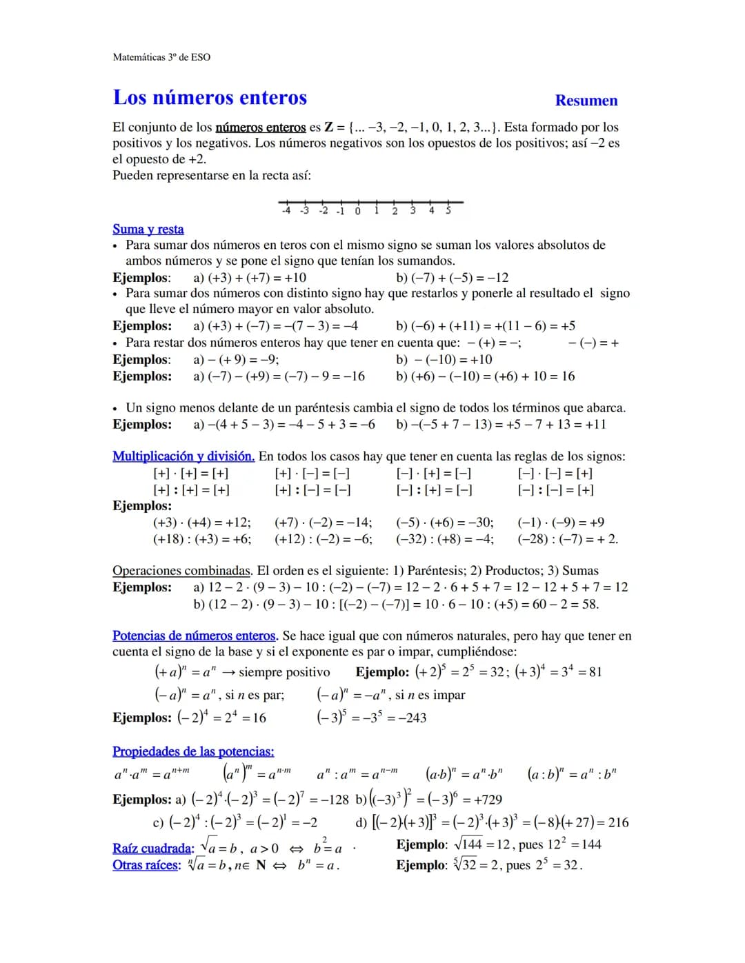 Matemáticas 3º de ESO
Los números enteros
Resumen
El conjunto de los números enteros es Z = {... -3, -2, −1, 0, 1, 2, 3... }. Esta formado p