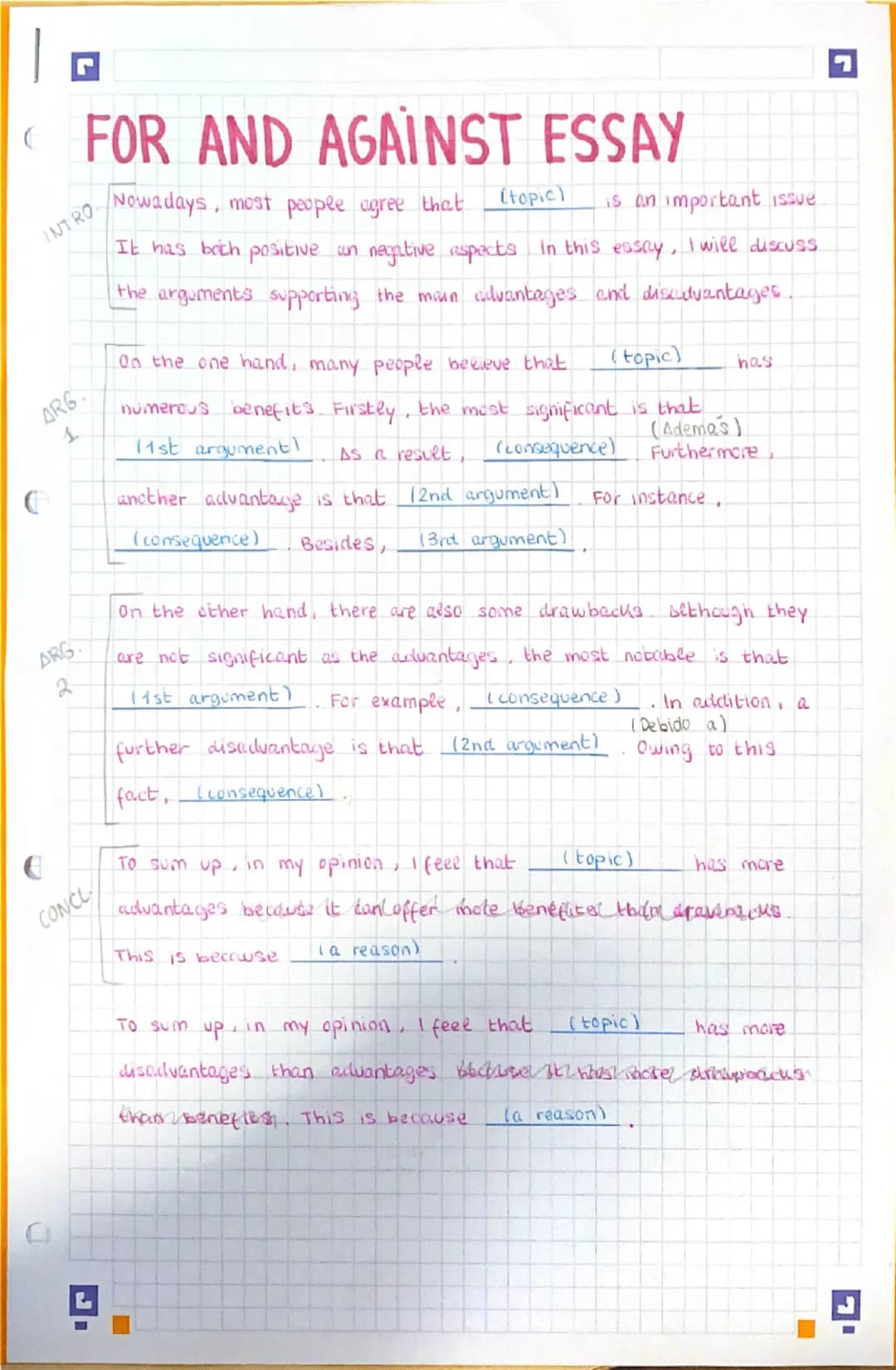 # FOR AND AGAINST ESSAY
INTRO. Nowadays, most people agree that (topic) is an important issue
It has both positive un negative aspects In th