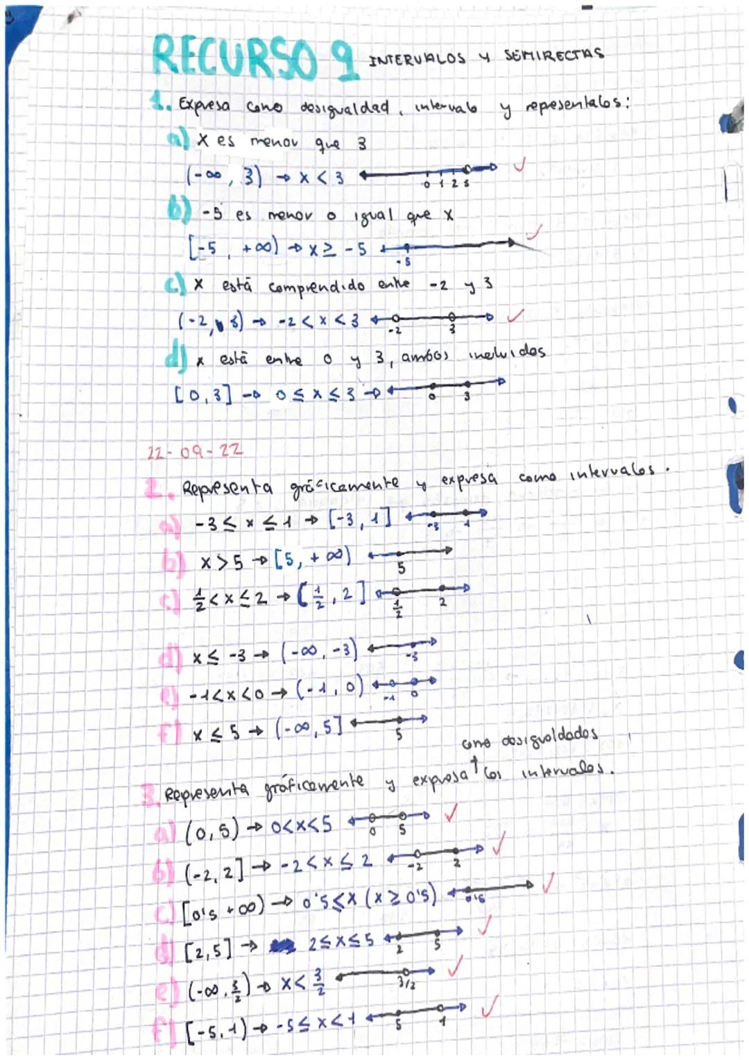 RECURSO 2
INTERVALOS Y SEMIRECTAS
1. Expresa cono desigualdad, intervale y repesentabs:
a) xes menor que 3
(-0,3)→×<3
6)-5 es menor 0 Igual 