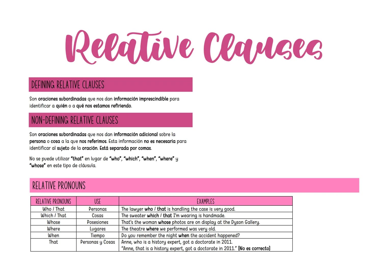 Relative Clauses
DEFINING RELATIVE CLAUSES
Son oraciones subordinadas que nos dan información imprescindible para
identificar a quién o a qu