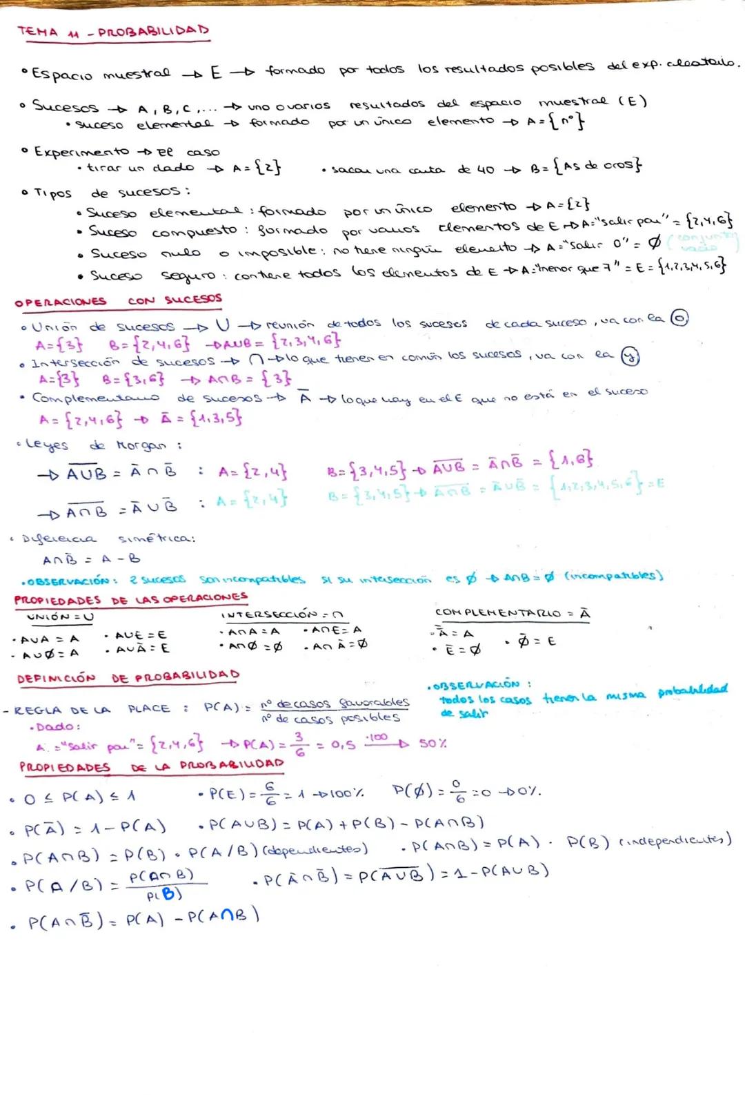 TEMA 11-PROBABILIDAD

• Espacio muestral $E$ formado por todos los resultados posibles del exp. aleatarlo.

• Sucesos $A, B, C,...$ uno o va