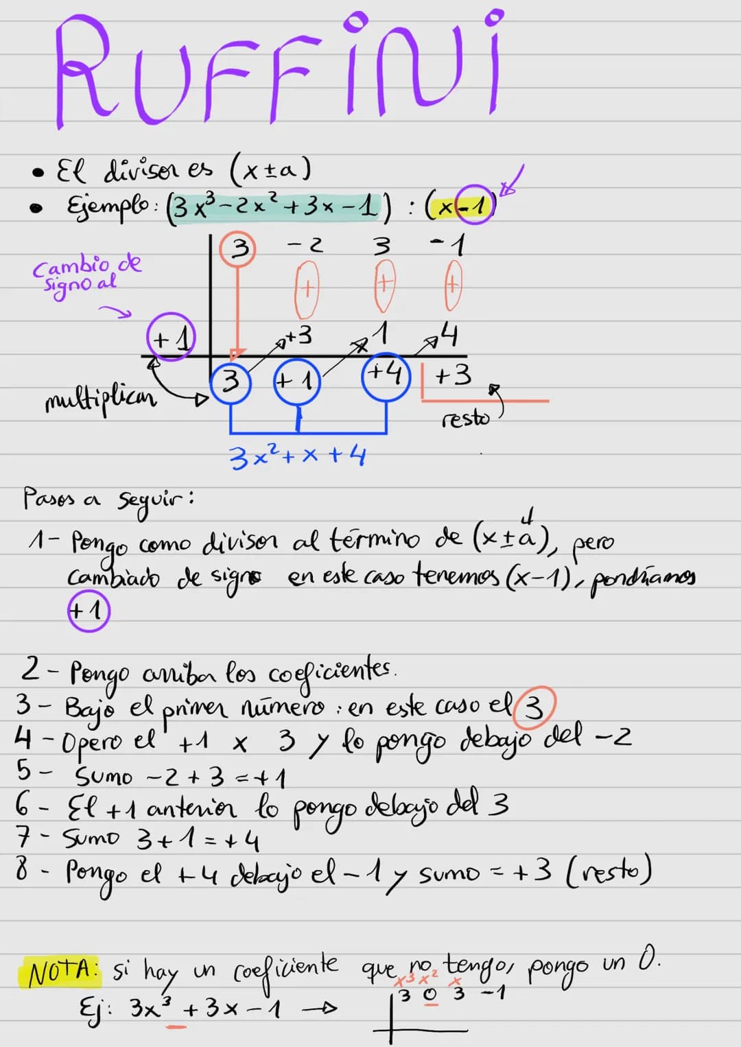 RUFFiNi
• El divisor es (x±a)
Ejemplo: (3 x ²³- 2x² + 3x - 1) : (x^²
3
-2
3
#
Ⓡ
Cambio de
Signo al
(+1)
multiplican
Pasos a
₂+3
3 (+1)
(+4)
