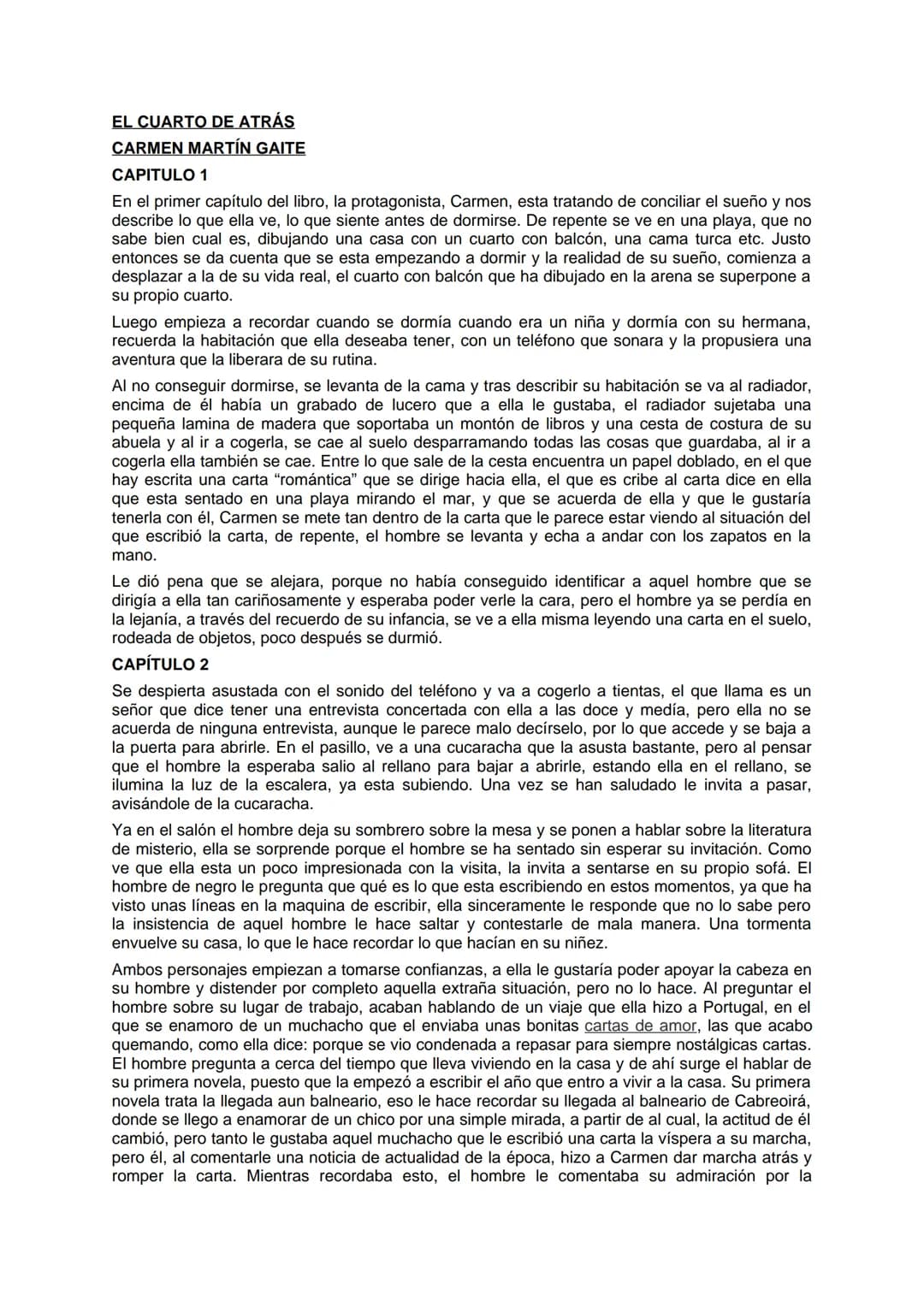 EL CUARTO DE ATRÁS
CARMEN MARTÍN GAITE
CAPITULO 1
En el primer capítulo del libro, la protagonista, Carmen, esta tratando de conciliar el su