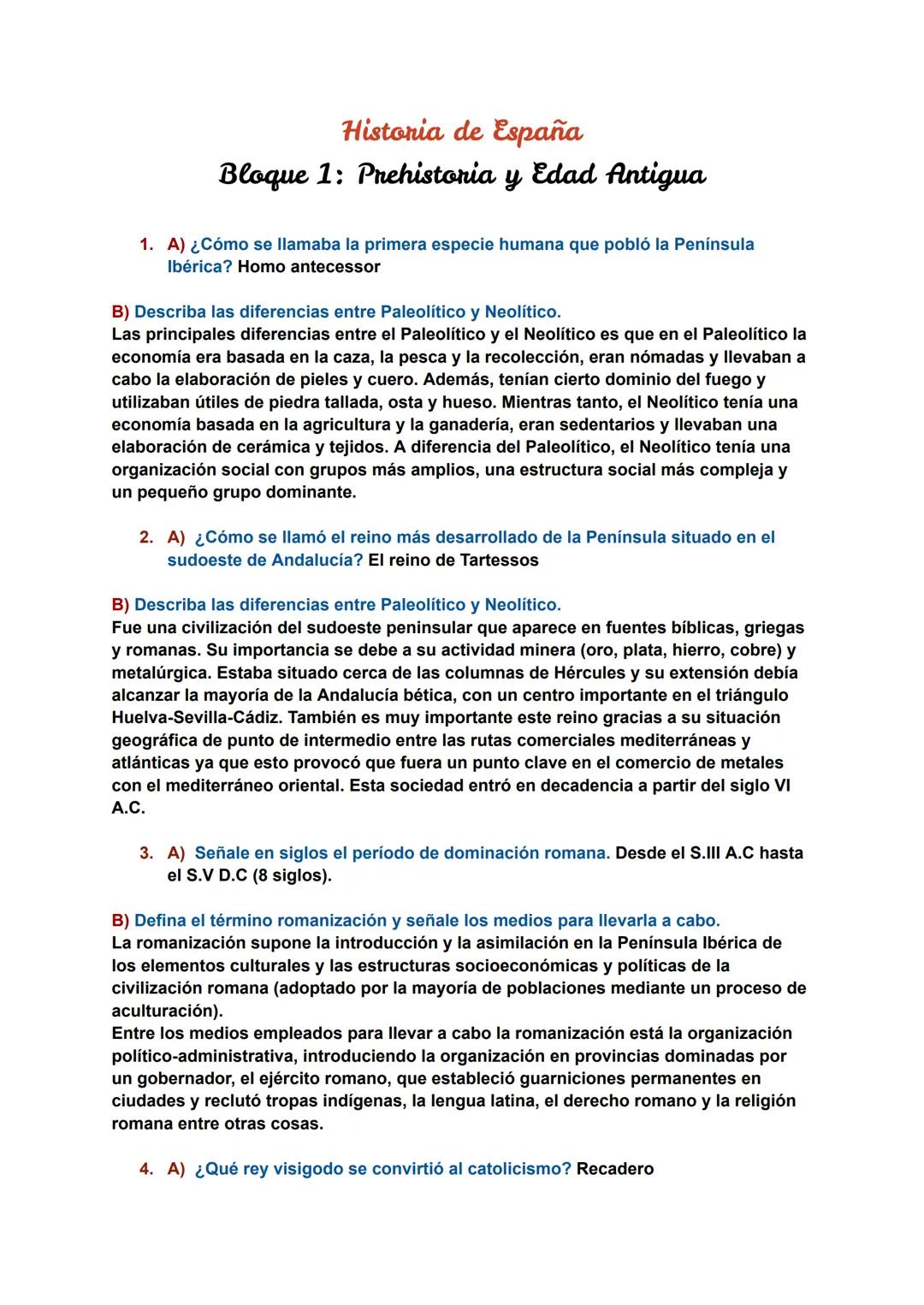 Historia de España
y
Bloque 1: Prehistoria
Edad Antigua
1. A) ¿Cómo se llamaba la primera especie humana que pobló la Península
Ibérica? Hom