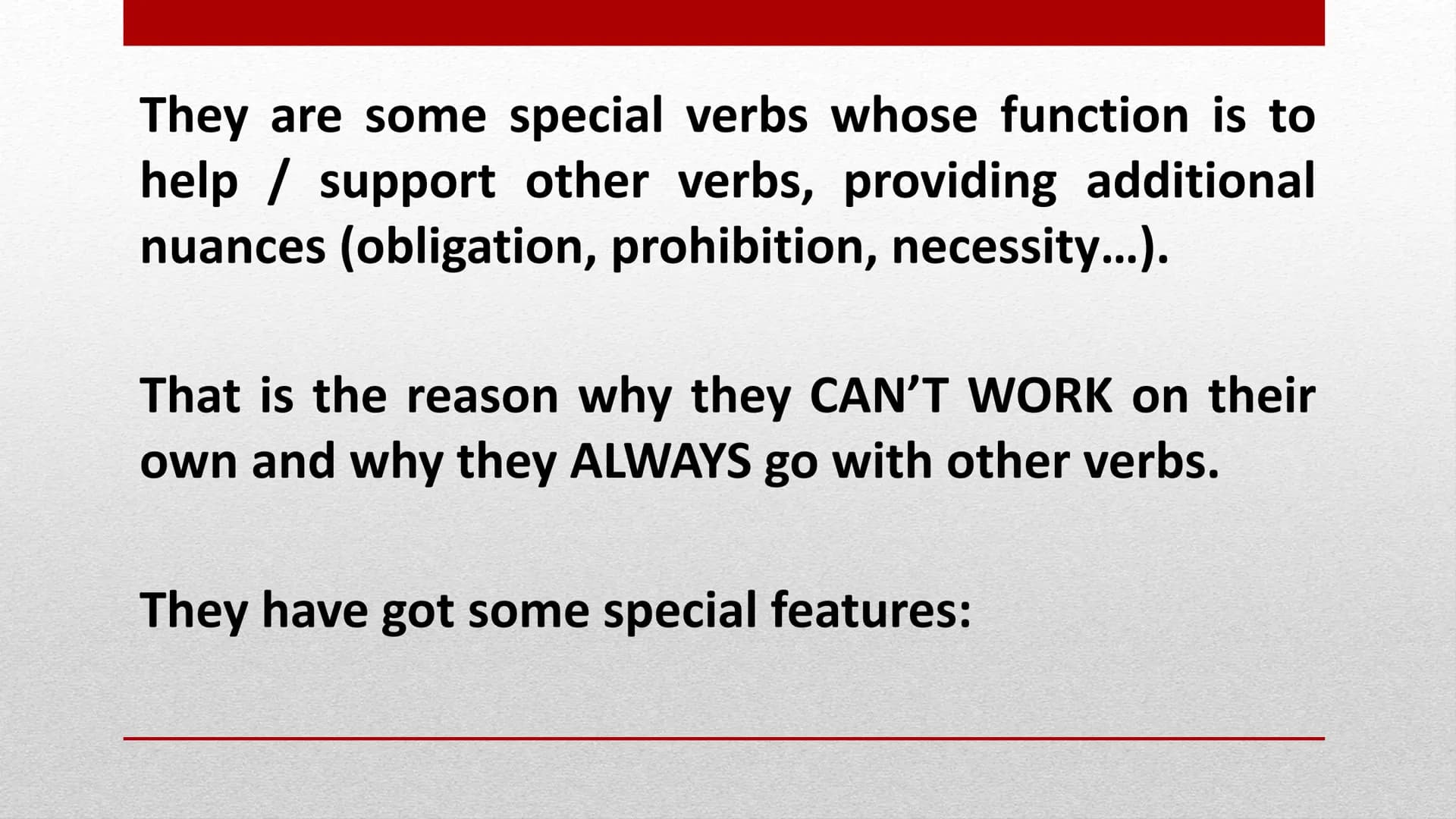 
<p>MODAL VERBS IN ENGLISH</p>
<p>MODAL VERBS LIST</p>
<p>MODAL VERBS in English are, together with the Phrasal verbs, the most difficult ve