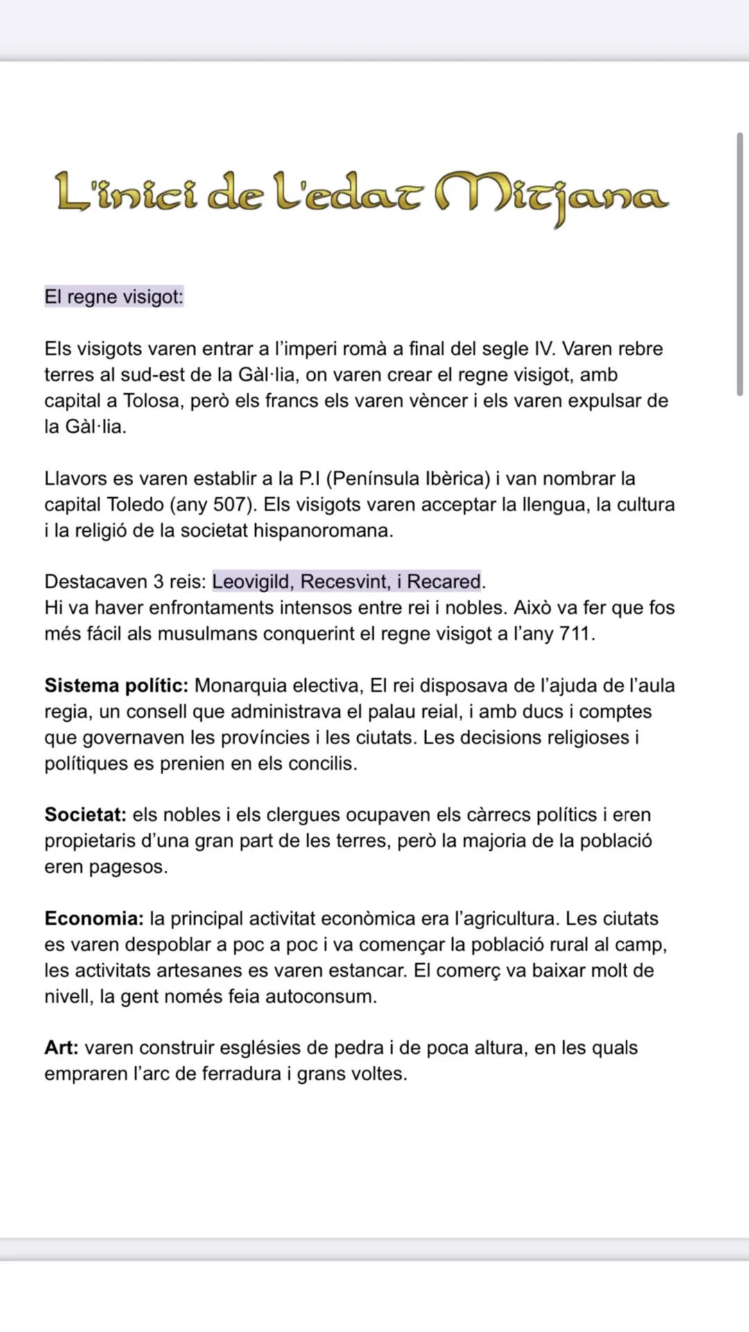 # L'inici de L'edat Mitjana

El regne visigot:

Els visigots varen entrar a l'imperi romà a final del segle IV. Varen rebre
terres al sud-es