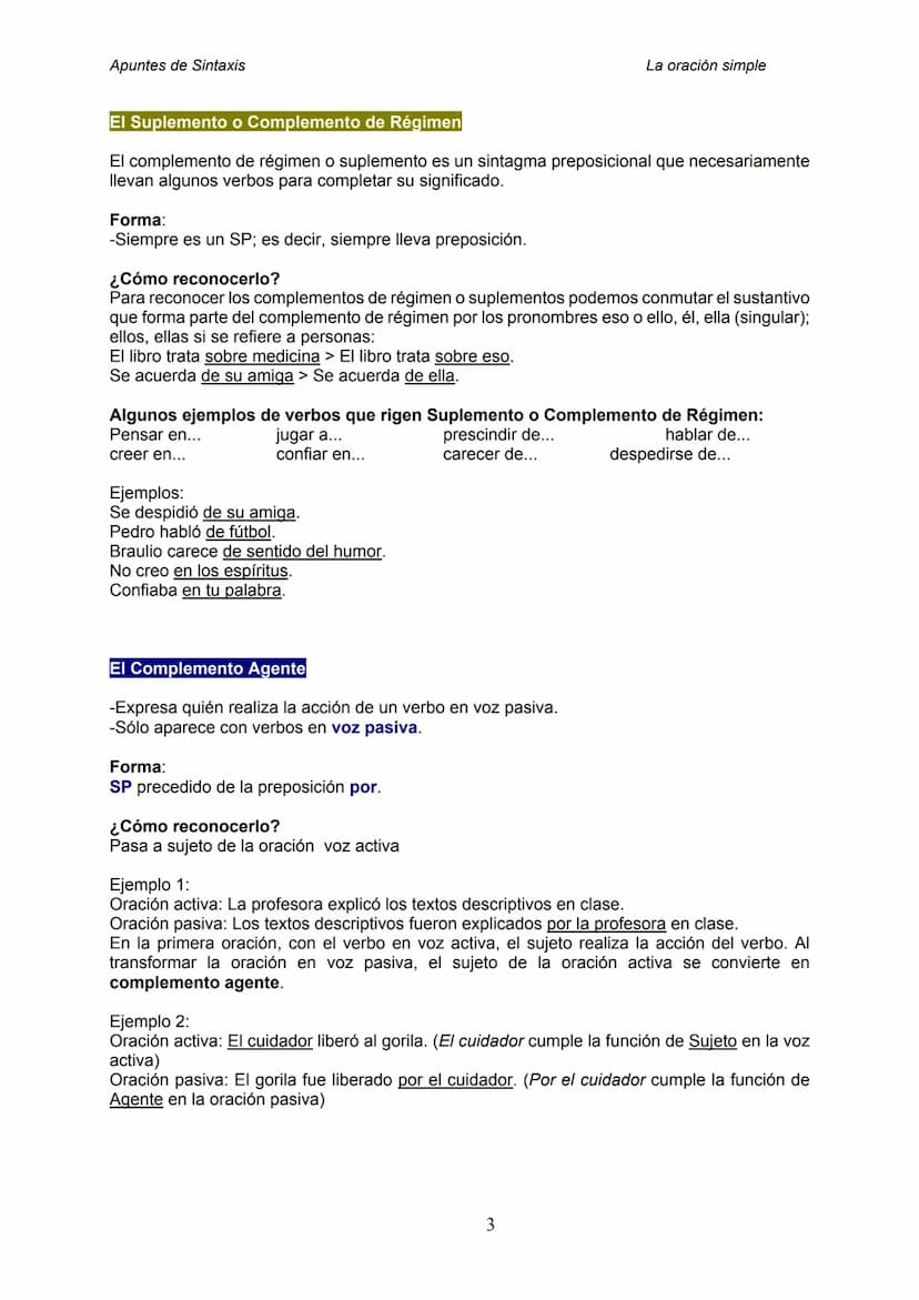 Apuntes de Sintaxis
EL SUJETO
APUNTES DE SINTAXIS
LA ORACIÓN SIMPLE
Forma:
No lleva preposición. Por ello, siempre es un SN, un pronombre o 
