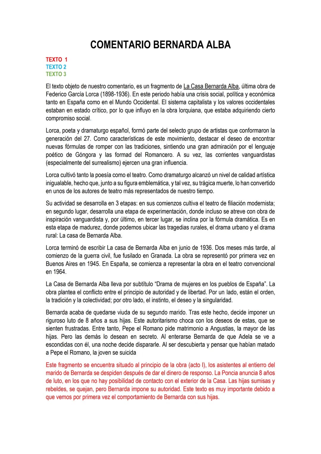 
<p>El texto objeto de nuestro comentario es un fragmento de La Casa de Bernarda Alba, última obra de Federico García Lorca (1898-1936). En 