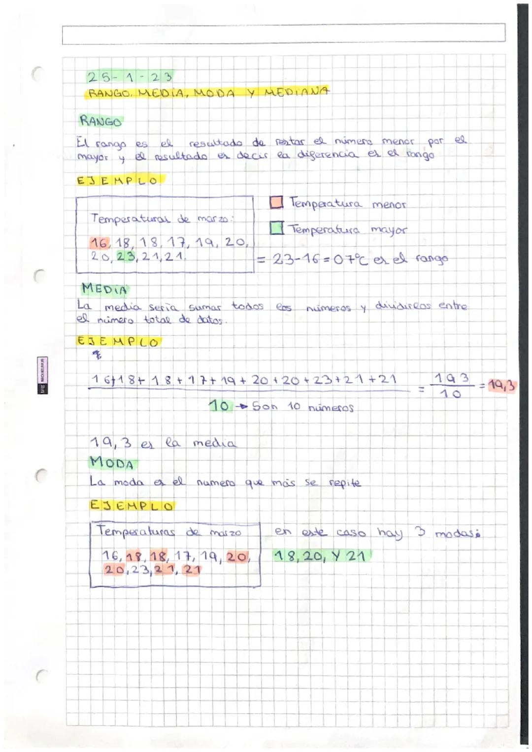 25-1-23

RANGO, MEDIA, MODA Y MEDIANA

RANGO

El rango es el resultado de restar el númens menor por el
mayor y el resultado es decir la dif