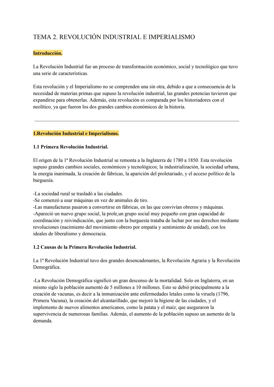 TEMA 2. REVOLUCIÓN INDUSTRIAL E IMPERIALISMO
Introducción.
La Revolución Industrial fue un proceso de transformación económico, social y tec