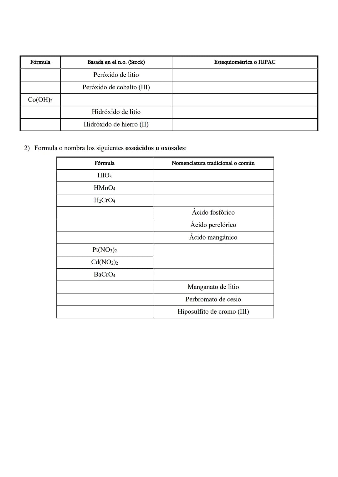 1) Nombra o formula los siguientes compuestos por las dos nomenclaturas:
Basada en el n.o. (Stock)
Fórmula
K₂0
CuO
Cdo
Ni₂O3
AlH3
CoH3
MgH₂
