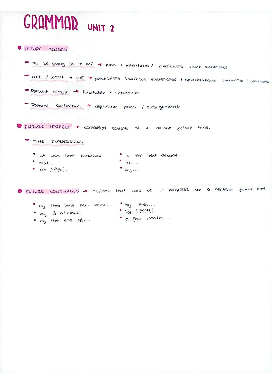 GRAMMAR UNIT 2
● FUTURE TEUSCS
To
will / won't + INF → predictions (without evidences) / spontaneous deasons / promises
be going to
- Presen