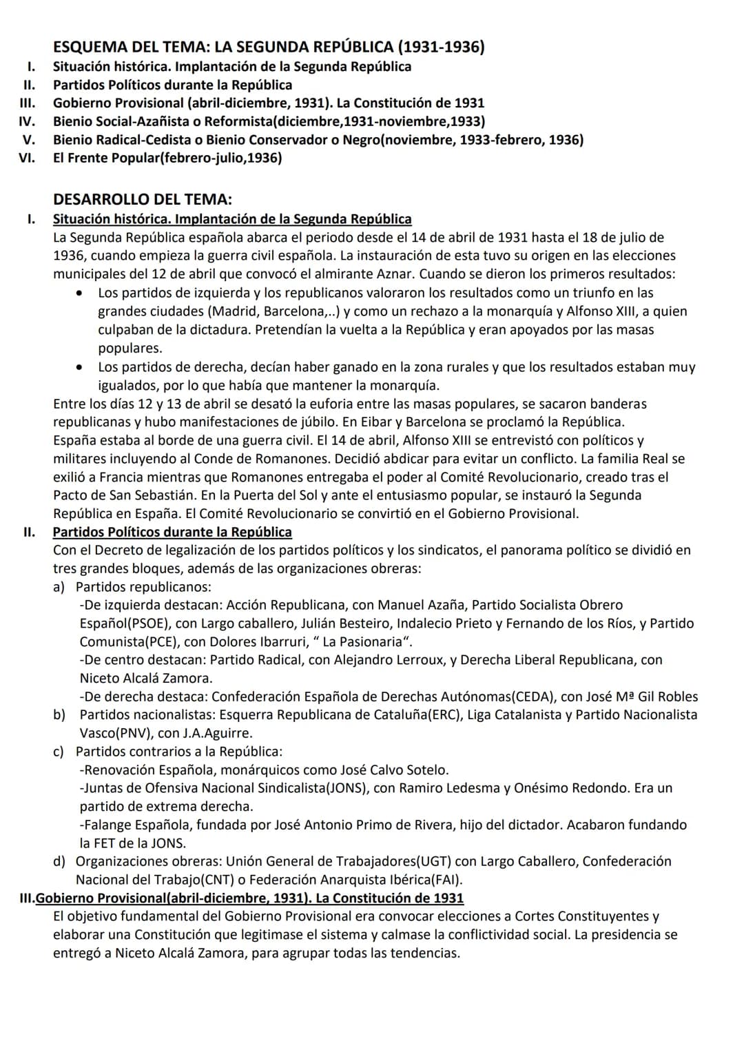 ESQUEMA DEL TEMA: LA SEGUNDA REPÚBLICA (1931-1936)
I. Situación histórica. Implantación de la Segunda República
II.
Partidos Políticos duran