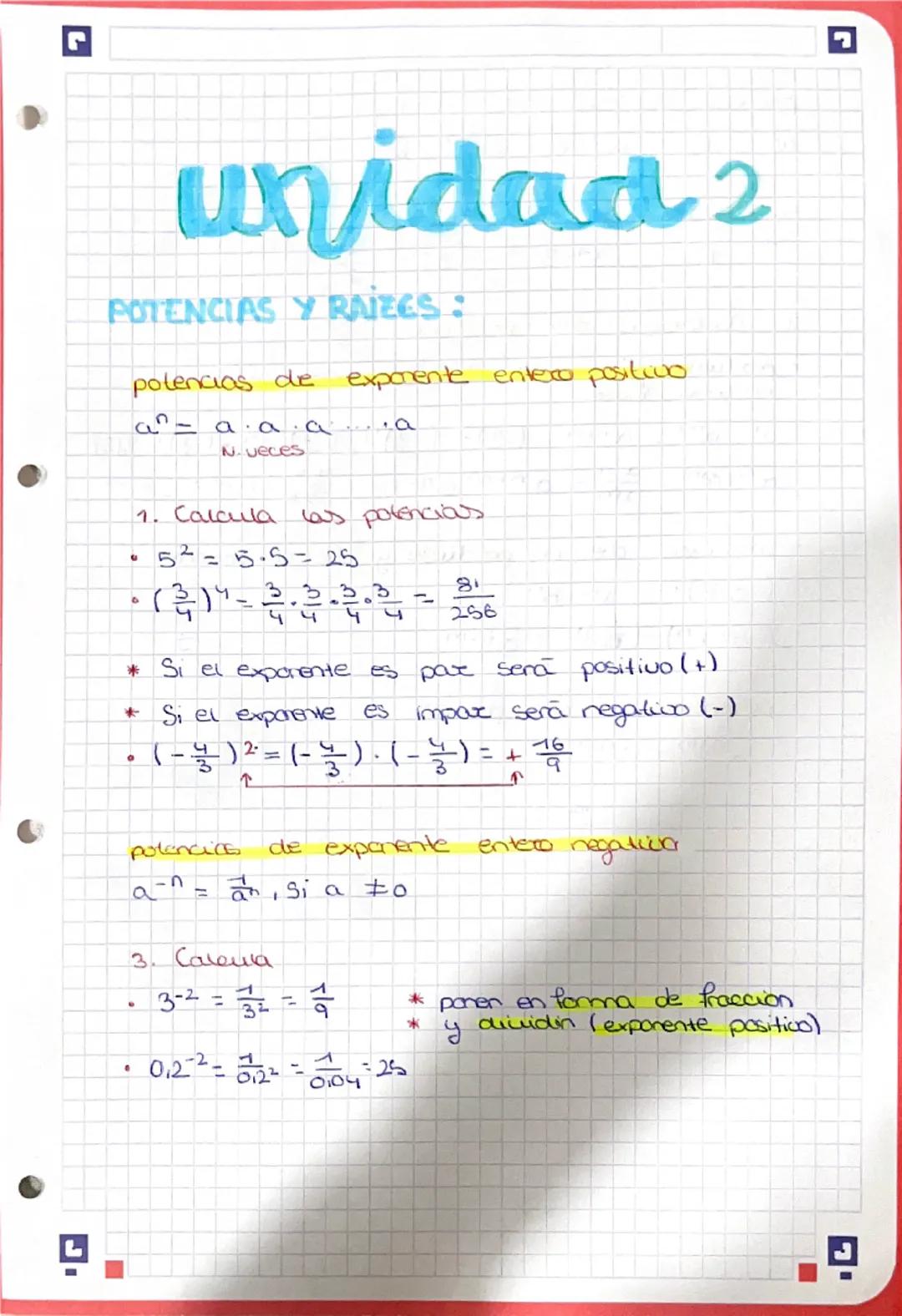 # unidad 2

POTENCIAS Y RAJECS:

polencias de exponente entero positivo

$a^n = a \cdot a \cdot a \cdot a ... a$

N. veces

1. Calcula as po