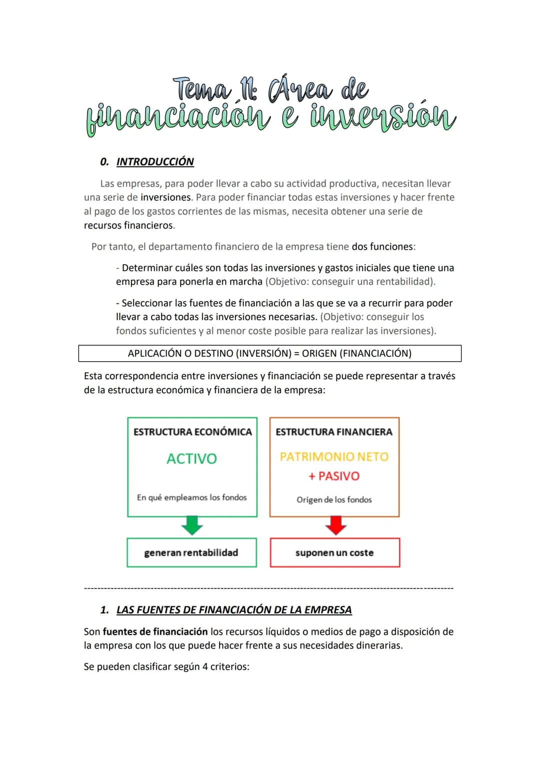 Tema 11. Area de
financiación e inversión
0. INTRODUCCIÓN
Las empresas, para poder llevar a cabo su actividad productiva, necesitan llevar
u