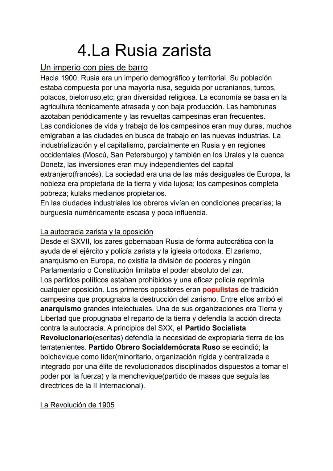 4.La Rusia zarista
Un imperio con pies de barro
Hacia 1900, Rusia era un imperio demográfico y territorial. Su población
estaba compuesta po