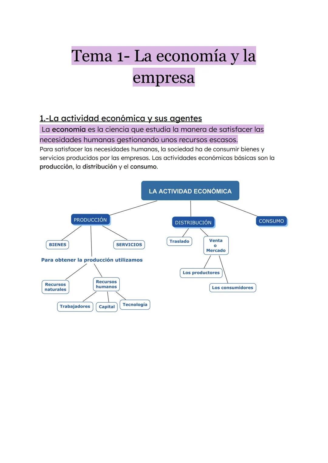 Tema 1- La economía y la
empresa

1.-La actividad económica y sus agentes
La economía es la ciencia que estudia la manera de satisfacer las
