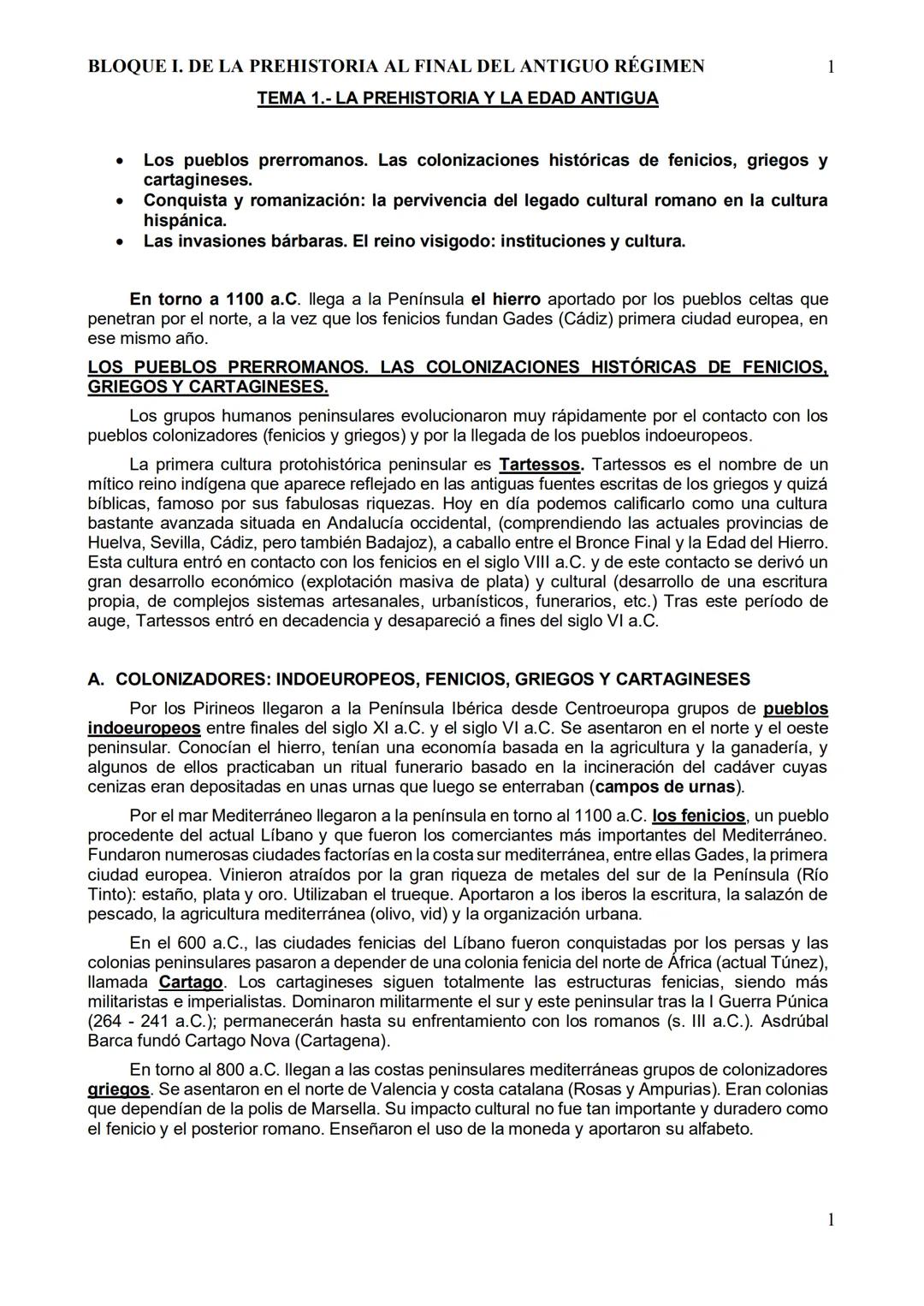 BLOQUE I. DE LA PREHISTORIA AL FINAL DEL ANTIGUO RÉGIMEN
TEMA 1.- LA PREHISTORIA Y LA EDAD ANTIGUA
●
1
Los pueblos prerromanos. Las coloniza