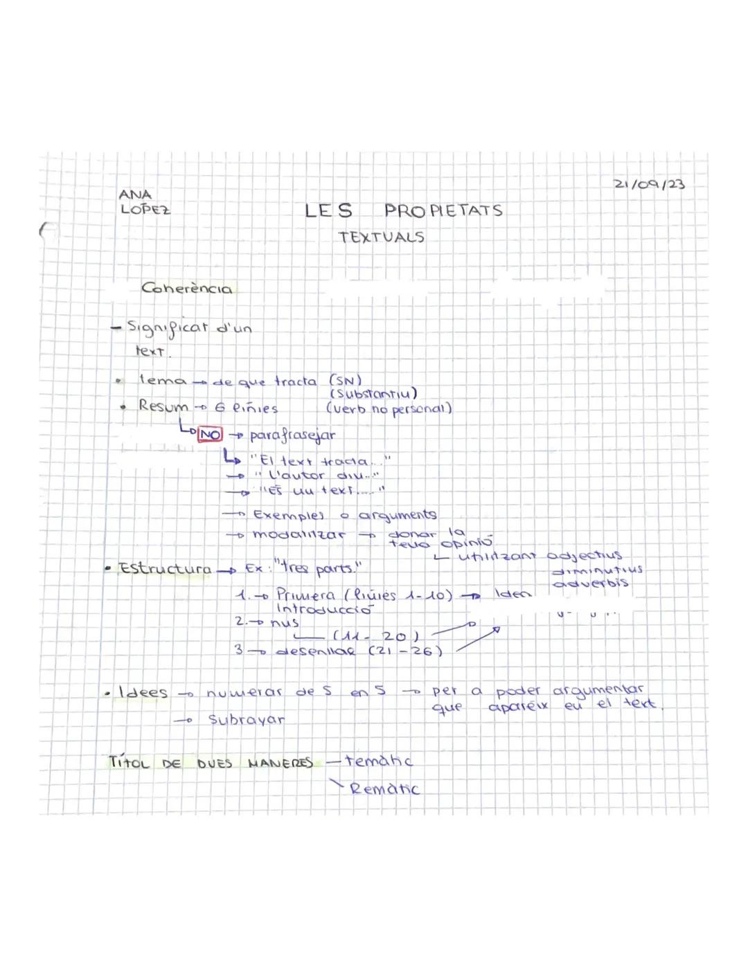 ANA
LOPEZ
- Significat d'un
text.
。
Coherencia
●
tema de que tracta
Resum - 6 linies.
• Idees 13
NO
1
O
-
• Estructura →→ Ex:
LES
-
para fra