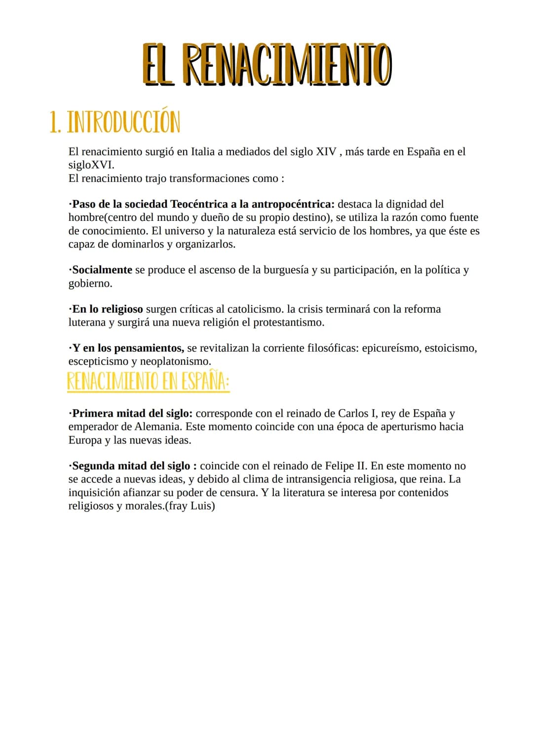 EL RENACIMIENTO
1. INTRODUCCIÓN
El renacimiento surgió en Italia a mediados del siglo XIV, más tarde en España en el
siglo XVI.
El renacimie
